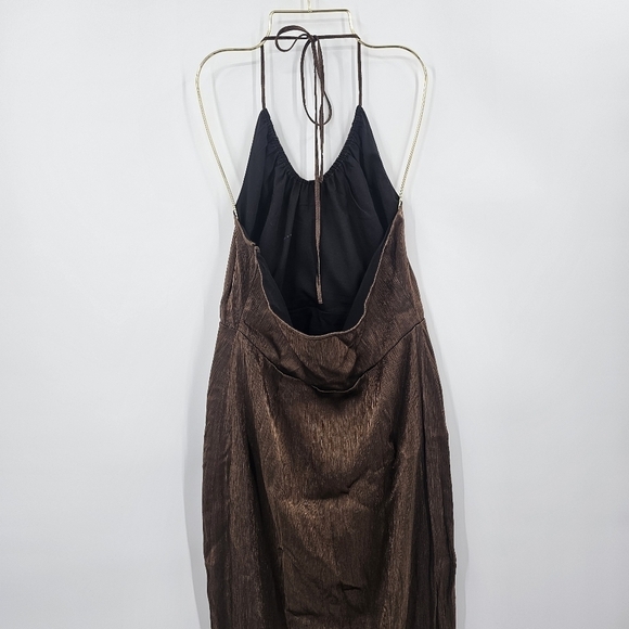 Open Edit Satin Scoop Neck Halter Midi Dress Brown Size M - Picture 5 of 7